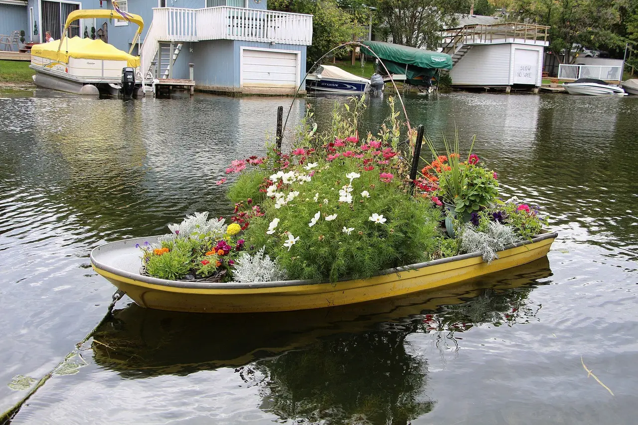 Flower garden in a boat on the water, 2016